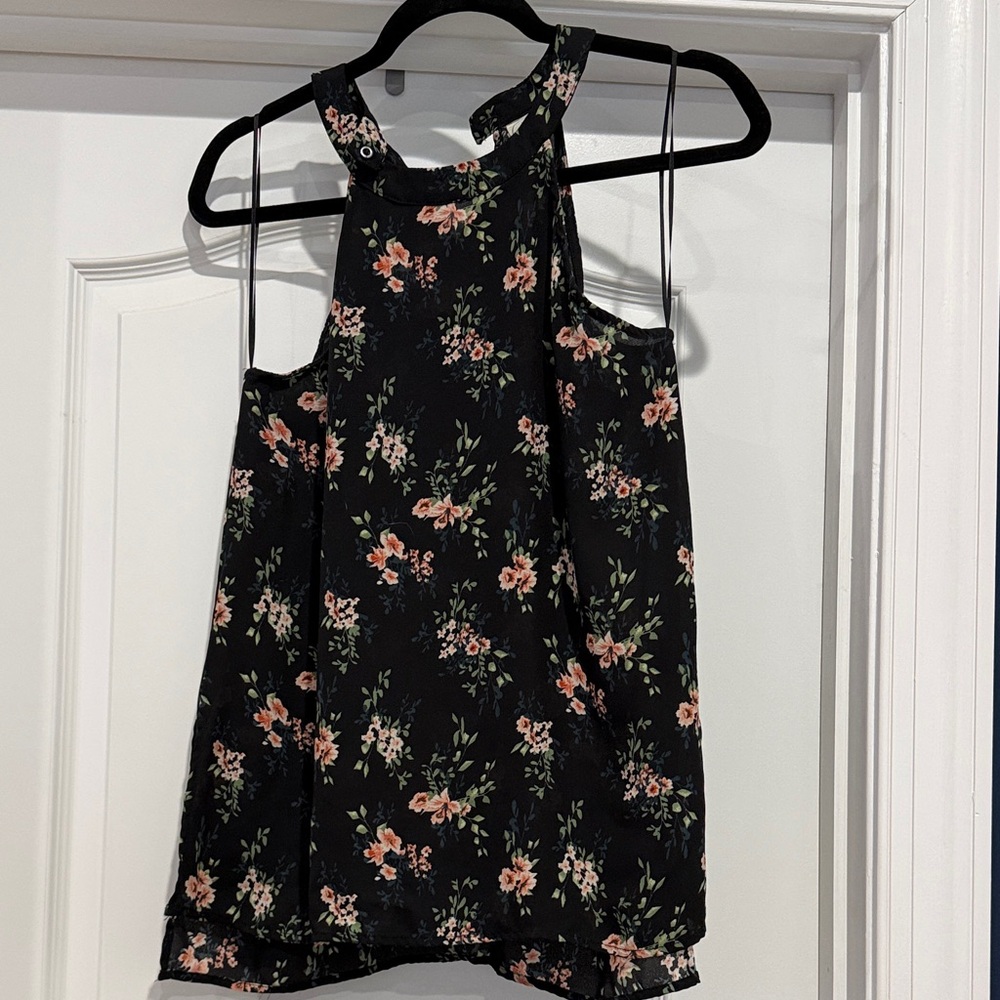 Paper Crane Black Top with Pink Floral and Green Leaves